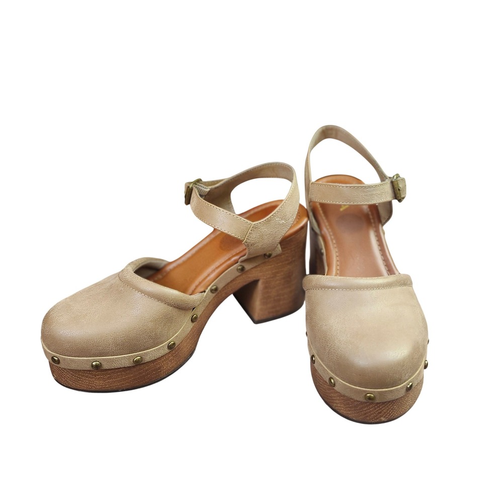 MIA Analie Beige Tan Studded Wood Platform Clog Block Heel Sandals 8M Chunky